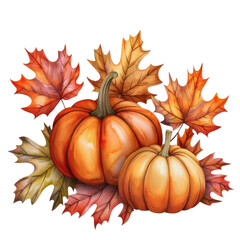 Naklejka premium Two pumpkins surrounded by colorful autumn leaves. A perfect illustration for fall, harvest, and thanksgiving.