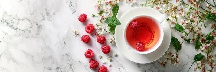 Refreshing Raspberry Tea with White Flowers on Marble Background