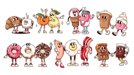 Groovy cartoon food and drink characters friends set. Funny retro morning food, takeaway snacks and beverages mascots. Cartoon cute happy desserts stickers of 70s 80s style vector illustration