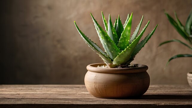 Potted Fresh Aloe Vera Leaves on Wooden Table with Copy Space