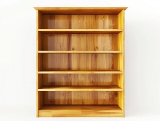 A simple wooden bookshelf with five shelves and a natural wood finish, providing ample storage space, isolated on a pure white background.