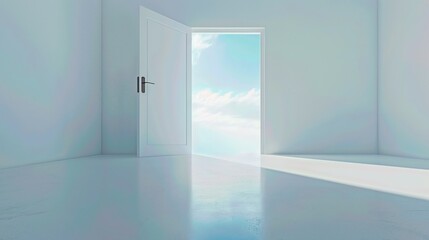 Open door to bright sky and clouds, symbolizing new beginnings and opportunities in a minimalist white room with sunlight streaming in.