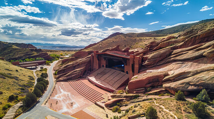 outdoor concert venue set among dramatic red rock formations in summer time.