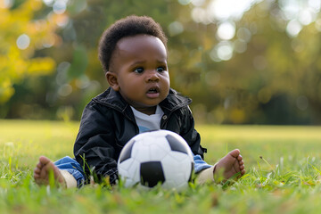 Adorable Baby with Soccer Ball in Park