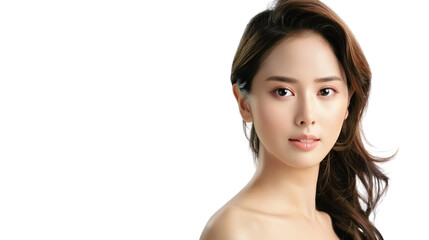 Fototapeta premium Beautiful woman with long brown hair looking at the camera. She has flawless skin and a gentle smile. Perfect for beauty and fashion concepts.