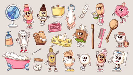 Groovy hygiene cartoon characters and stickers set. Funny retro beauty skin and hair care products and hygiene tools, cartoon mascots and personages collection of 70s 80s style vector illustration