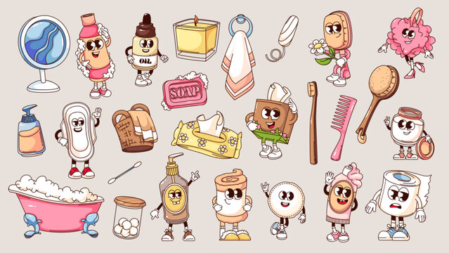 Naklejki Groovy hygiene cartoon characters and stickers set. Funny retro beauty skin and hair care products and hygiene tools, cartoon mascots and personages collection of 70s 80s style vector illustration