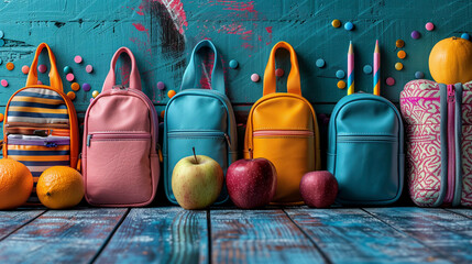 Colorful Small Backpacks and School Supplies on Blue Wooden Background