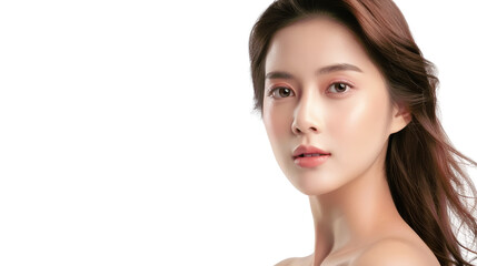 Fototapeta premium A young woman with long brown hair looks directly at the camera with a neutral expression. Her skin is clear and glowing. The background is a simple black.