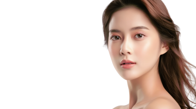 A young woman with long brown hair looks directly at the camera with a neutral expression.  Her skin is clear and glowing.  The background is a simple black.