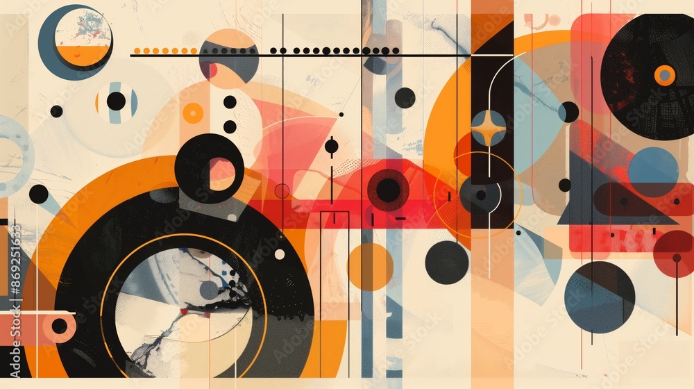 Poster a dynamic abstract with circles, triangles, and squares in a harmonious, visually captivating patter