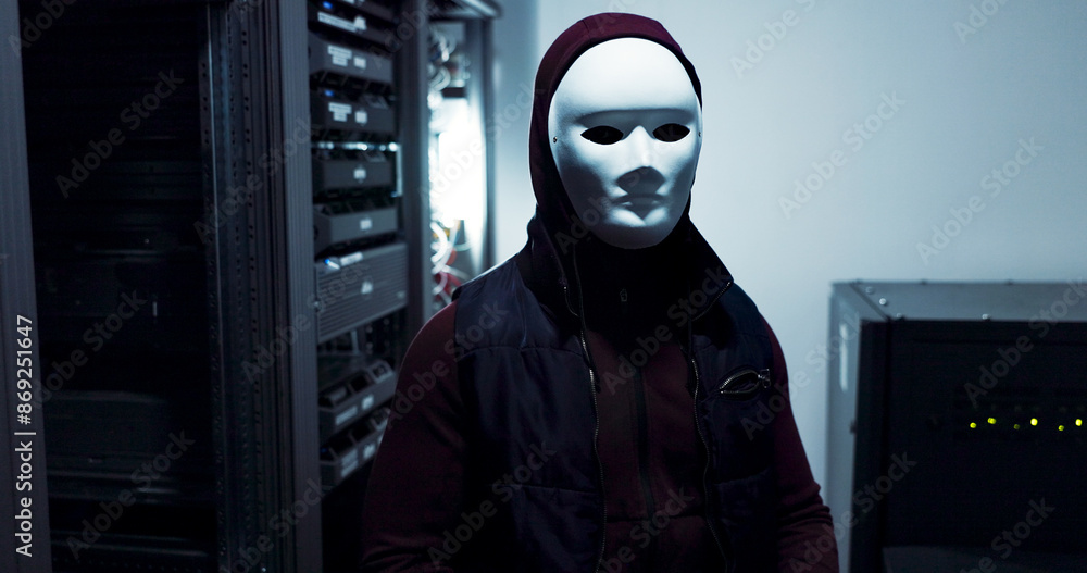 Poster server room, hacker and person with mask, night and scam of cybersecurity, phishing and cyber crime.