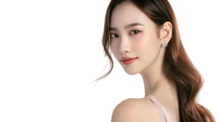 A young woman with long dark hair looks at the camera with a soft smile. Her skin is smooth and her eyes are bright.