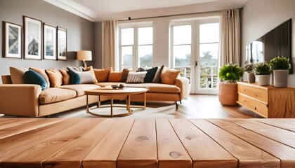 Fototapeta premium Wooden Coffee table styling inspiration for a modern living room with a Scandinavian touch, no people