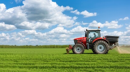 Naklejka premium A red tractor with a rear-mounted cultivator works a field at sunset