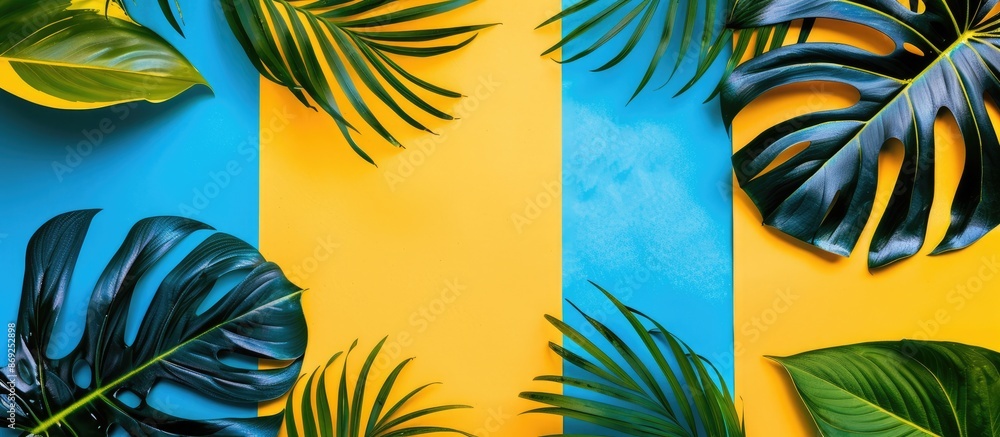 Canvas Prints Colorful tropical leaves arranged creatively on a yellow and blue backdrop. Simple summer exotic theme with space for text. Border design.