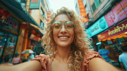 Fototapeta premium Stylish Woman Taking Selfie in Bangkok