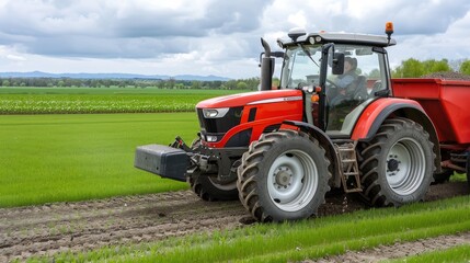 Obraz premium A red tractor with a rear-mounted cultivator works a field at sunset