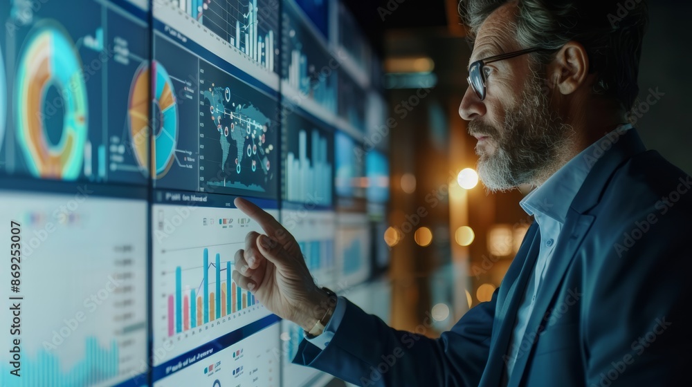 Poster a businessman analyzes data displayed on a large digital screen. he focuses on the information, poss