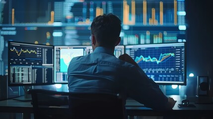 Fototapeta premium A businessman analyzes financial data on multiple computer screens in a dimly lit office.