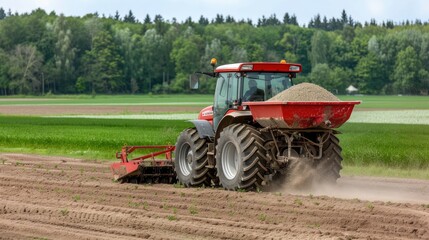 Obraz premium A red tractor with a rear-mounted cultivator works a field at sunset