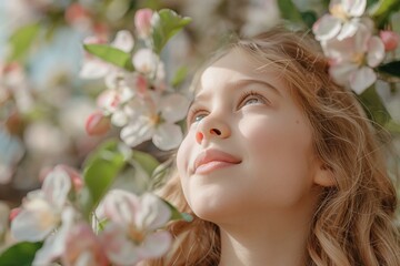 Obraz premium A young girl gazes up, surrounded by soft pink and white spring blossoms basking in sunlight