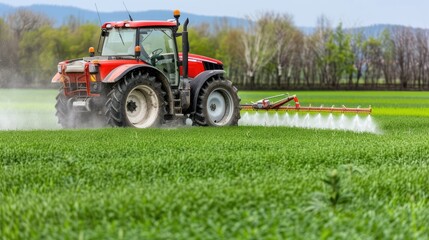 Obraz premium A red tractor with a rear-mounted cultivator works a field at sunset