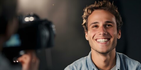 Actor laughs during interview while cameraman captures behind-the-scenes TV production. Concept Entertainment, Behind the Scenes, TV Production, Candid Moments, On-set Laughter