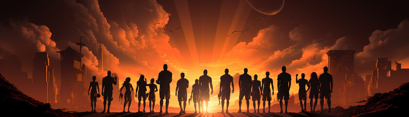 Fototapeta premium Silhouettes of a basketball team celebrating under the lights, with shadows creating an intense atmosphere, Celebratory, Warm Hues, Digital Illustration