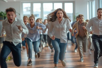 Fototapeta premium A fierce leader in white shirt is leading a team running through a spacious, brightly lit office, all showing expressions of determination and intensity.