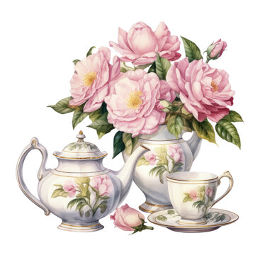 vintage tea set envelop with floral watercolor clipart illustration isolated on the white background