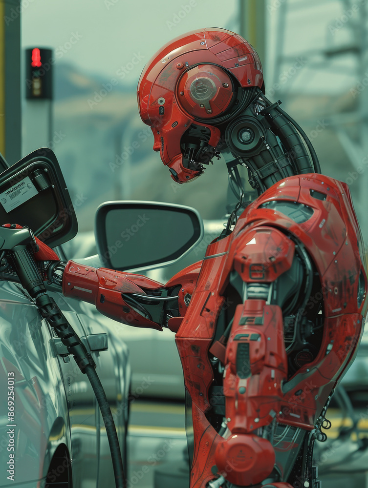Poster a red humanoid robot refuels a vehicle at a charging station, illustrating advanced ai and robotics 