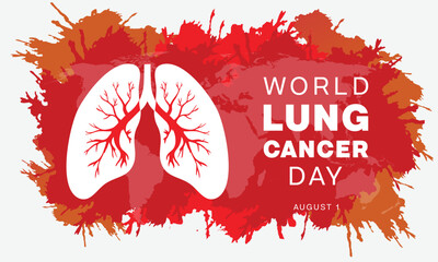 World Lung Cancer Day design. It features a pair of lungs on red splash paint background. Vector illustration