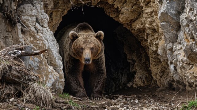 A powerful and majestic brown bear emerging from the entrance of a rocky cave - AI Generated Digital Art