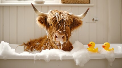 A humorous and adorable scene of a Highland cow taking a bubble bath in a white bathtub, complete with foam and two yellow rubber ducks - AI Generated Digital Art