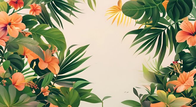 Minimalist summer sale design, stark white background, delicate tropical vine border, bold central copy space, sunset colors