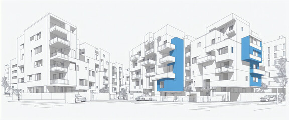 Clear and graphic depiction of a apartment complex consisting of dark lines and colored areas in an artistic architectural style