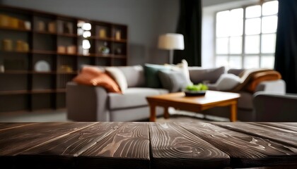modern living room with a Wood coffee table with blurred modern apartment interior background, epmty living room no people