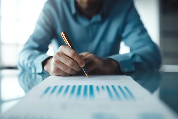 Businessman writing on financial report with blue graphs. Focus on hand and pen. Corporate analysis and finance concept.