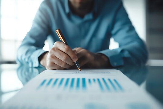 Businessman writing on financial report with blue graphs. Focus on hand and pen. Corporate analysis and finance concept.