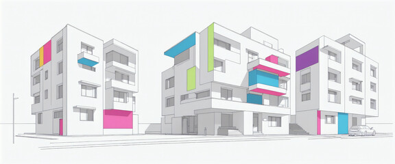 Fototapeta premium Clear and graphic depiction of a apartment complex consisting of dark lines and colored areas in an artistic architectural style