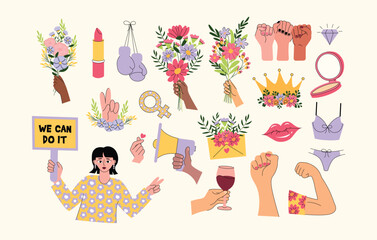 Set of vector illustration elements with fists up, girl, flowers and feminism slogans. Strong women rights. Vector feminist movement symbols. Girl power, Women empowerment.