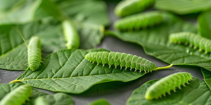 Silkworms create silk cocoons by spinning mulberry leaves. Concept Silkworms, Silk Production, Mulberry Leaves, Silk Cocoons, Silk Industry
