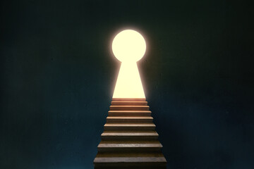 Stairs to glowing entrance keyhole shape in dark room