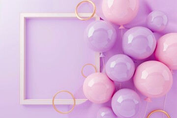 A white frame with a blank space sits on a lavender background with pink and purple balloons surrounding it