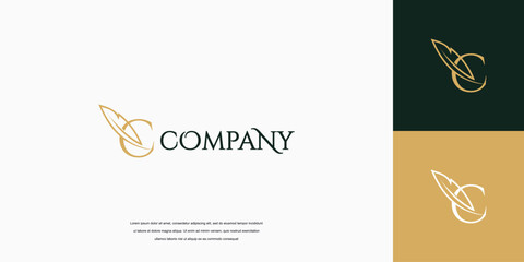 Simple feather signature logo design, lettering feather logo vector illustration