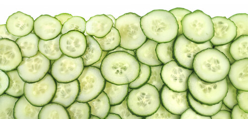 Cucumber slices panorama on white background isolated