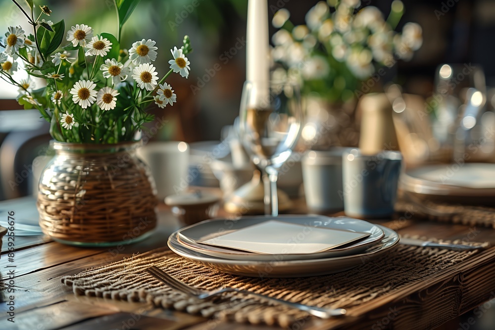 Poster rustic table setting with white daisies and natural elements