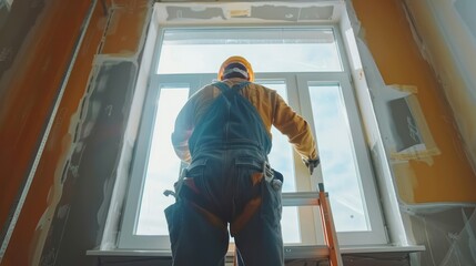 Workman in overalls installing or adjusting plastic windows in the living room at home