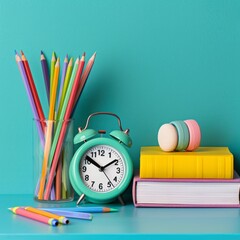 Blue Alarm Clock on Table Beside Stack of Books